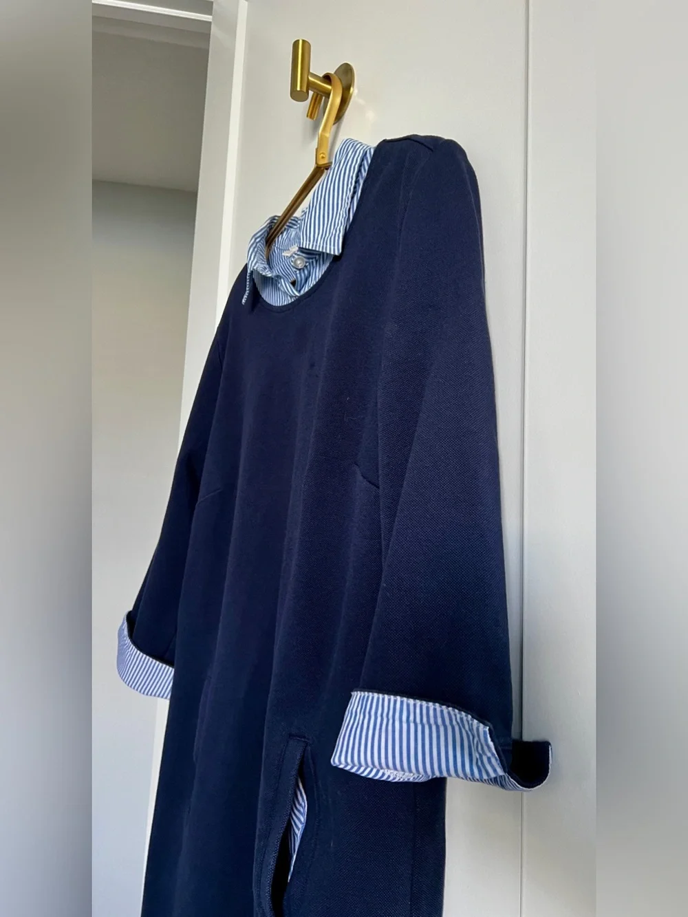 Talbots Navy Blue Cotton Dress Striped Collar Coastal Preppy Pockets Size Medium - Picture 13 of 16